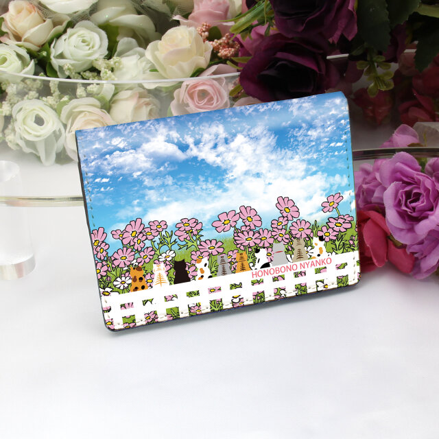 定期入れ/パス入れ/名刺入れ  カードケース 【ほのぼのにゃんこ（手書き風コスモス）】（名入れ可）