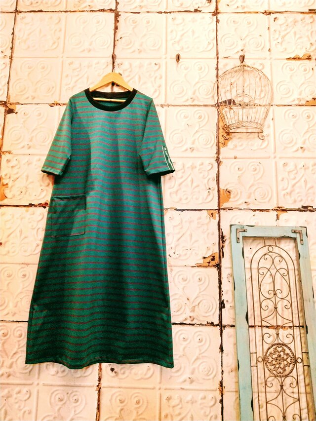 上質グリーン&ブラウンボーダーワンピース