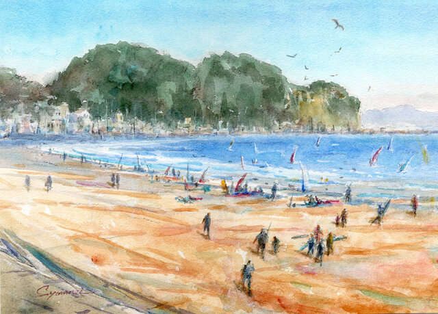 水彩画原画  江の島・湘南海岸公園　＃629 水彩画原画 湘南片瀬海岸の風景 ＃687 | iichi 日々の暮らしを