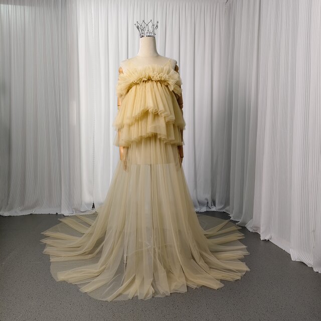 イエロー キャミソール カラードレス 胸元フリル オーバードレス ロングトレーン 妊婦 前撮り