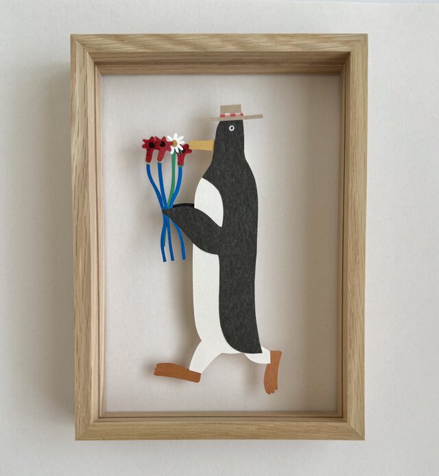 花を運ぶペンギン C 赤と白の花　原画のみ