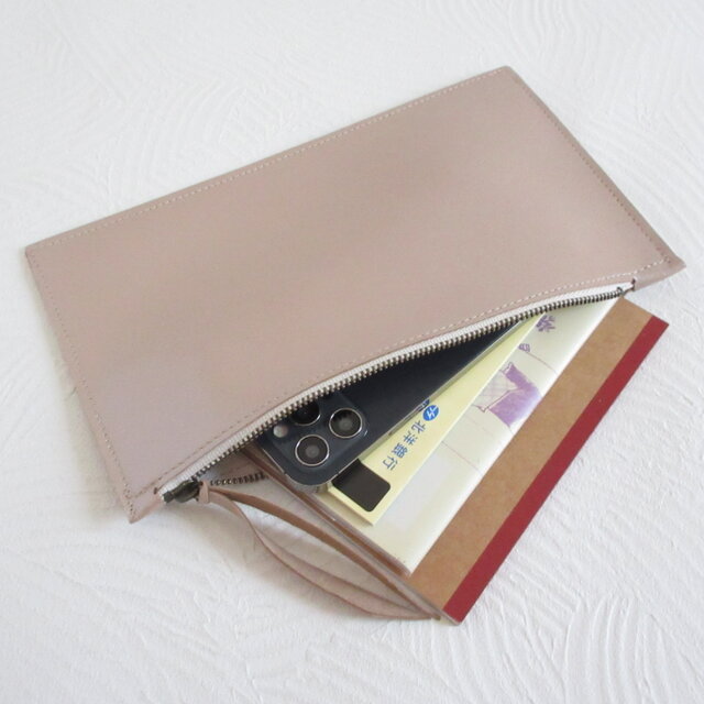 《ゴートスキン》A６対応・フラットファスナーケース・パールベージュ・0334