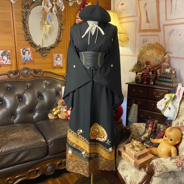 和洋折衷 黒留袖 着物 リメイク ロング ワンピース ドレス 洗える 化繊