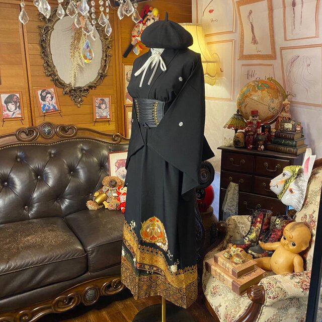 着物リメイクワンピース3708 和洋折衷 黒留袖 着物 リメイク ロング ワンピース ドレス 洗える 化繊