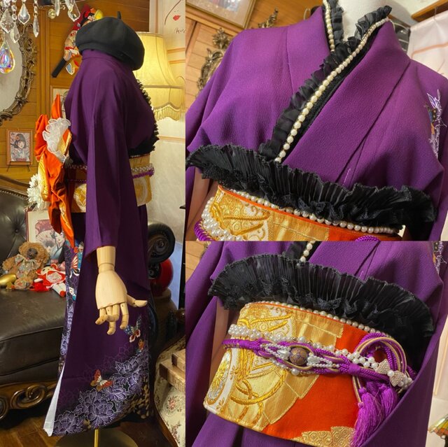 振袖 着物 ロングワンピース ドレス 2部式ローズ/バラ作り帯 リメイク