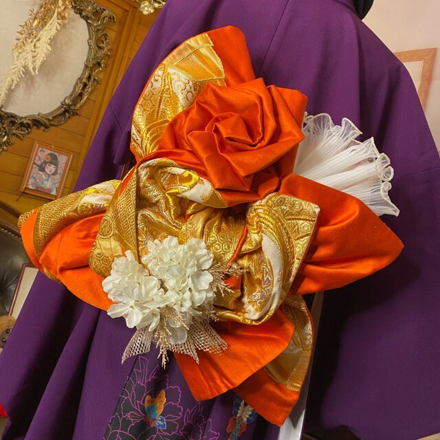 振袖 着物 ロングワンピース ドレス 2部式ローズ/バラ作り帯 リメイク