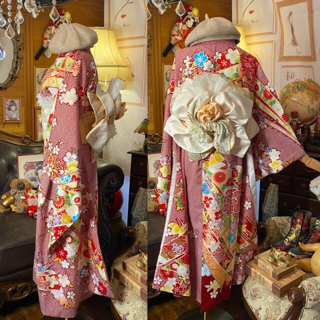 振袖 着物 ロングワンピース ドレス 2部式ローズ/バラ作り帯 リメイク