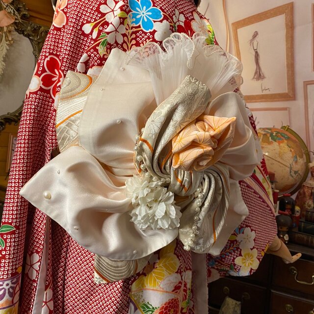 振袖 着物 ロングワンピース ドレス 2部式ローズ/バラ作り帯 リメイク