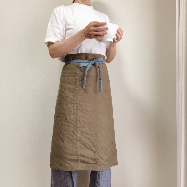 洗いこまれた自然な風合いのソムリエエプロン 腰紐バイカラー ベルギー