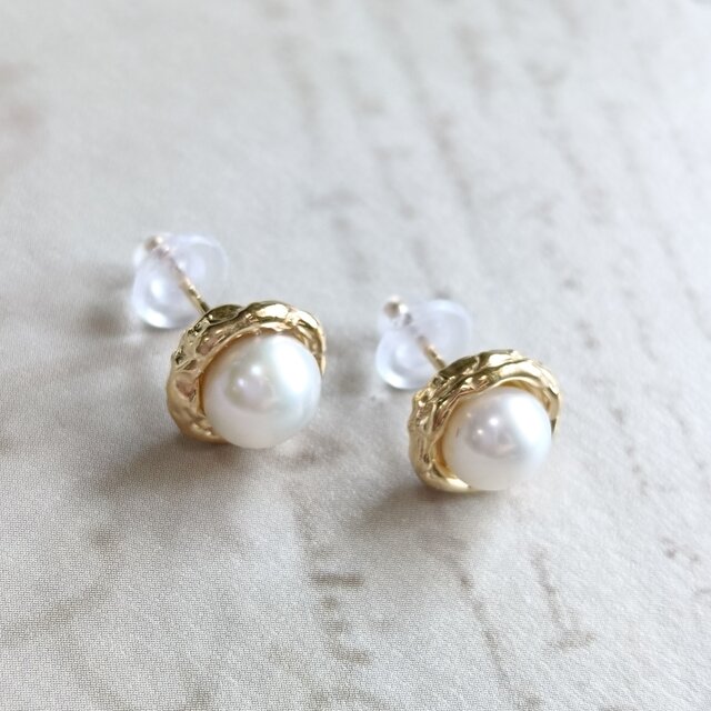 SV925／k18GP］Hakuju-白珠- パール 真珠 ピアス 鎚目 フレーム 額縁