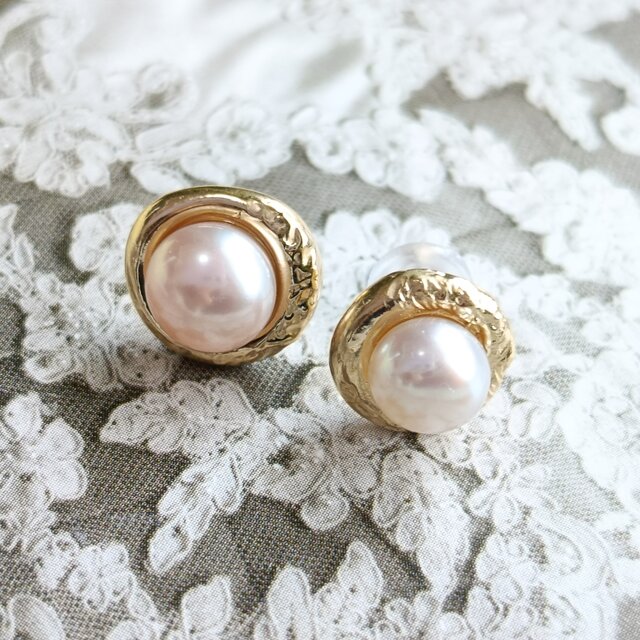 ［SV925／k18GP Ouju-桜珠-　パール　真珠　桜貝　ピアス　鎚目　フレーム　額縁　絵画　天然石　希少石　宝石