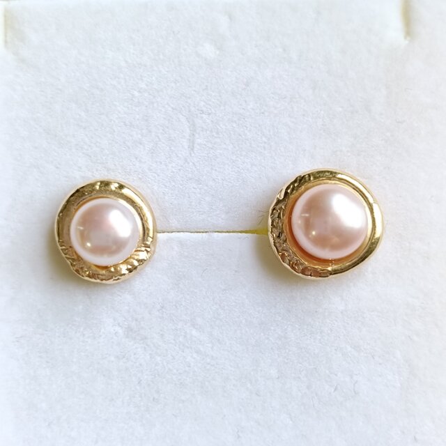 SV925／k18GP Ouju-桜珠- パール 真珠 桜貝 ピアス 鎚目 フレーム 額縁