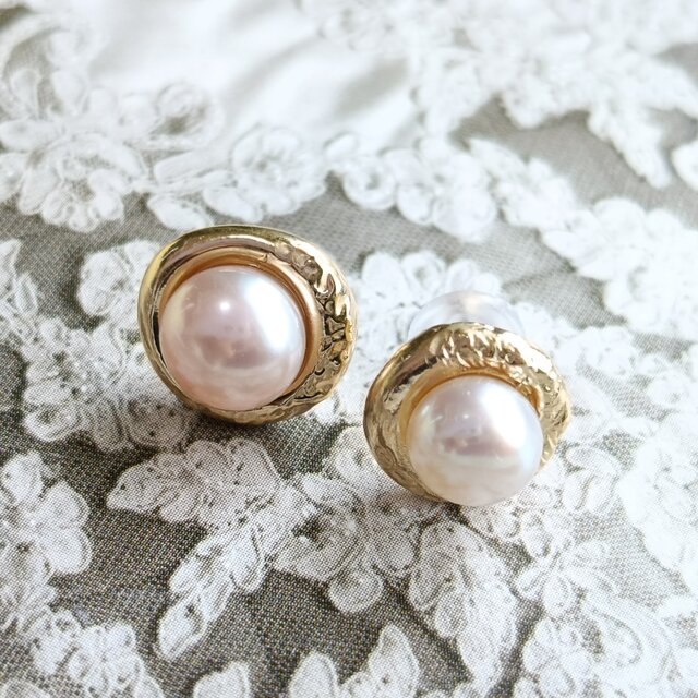 SV925／k18GP Ouju-桜珠- パール 真珠 桜貝 ピアス 鎚目 フレーム 額縁