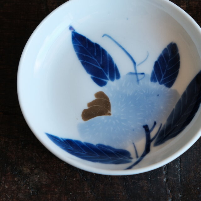 青い花の絵付け◇瀬戸焼 花文色絵小皿2客セット 骨董・antiques