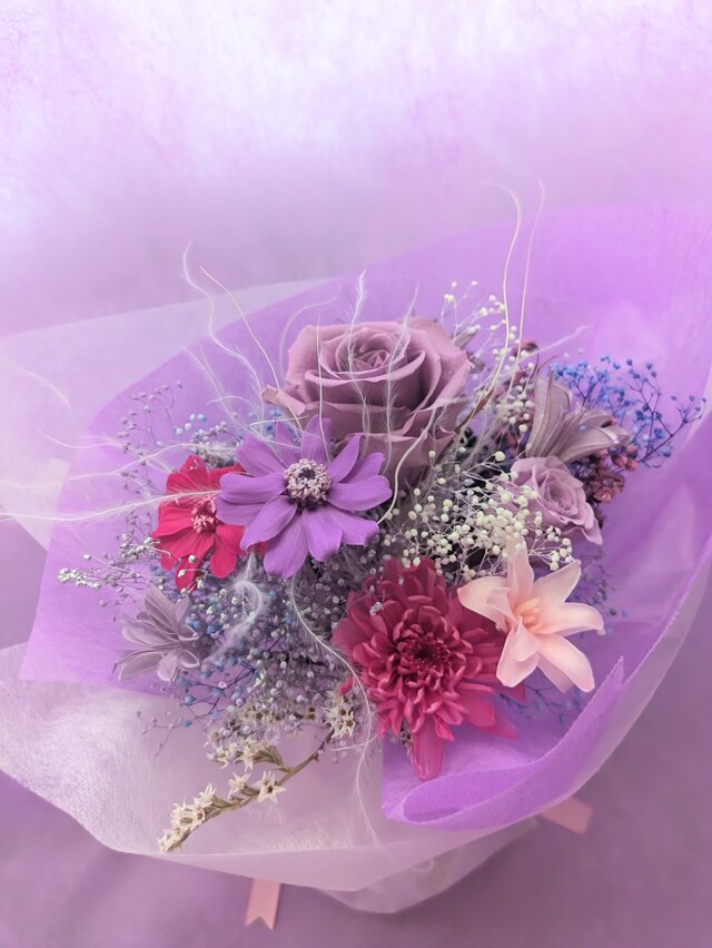 プリザーブドフラワーパープルローズと小花の花束／ラベンダーの夕暮れ