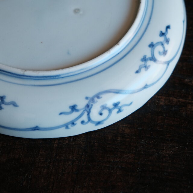 古伊万里　呉須染付青磁　深鉢　輪花赤縁　口太　高台　立割菊花図　江戸後期 リーフ尽くし◇濃い呉須の色味。伊万里 花文染付中皿 骨董