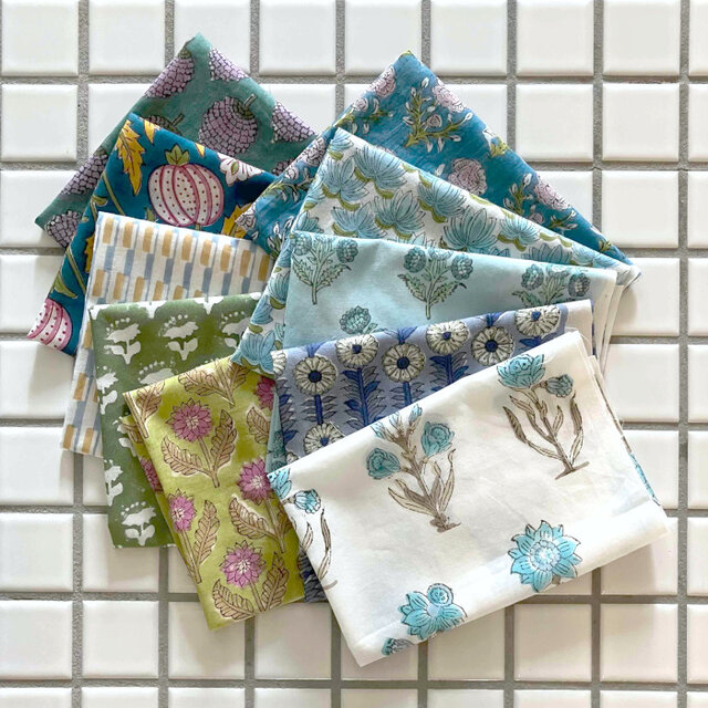 インド ブロックプリント生地 ミニカットクロス 10枚セット寒色系vol.15 ファブリック はぎれIF0334