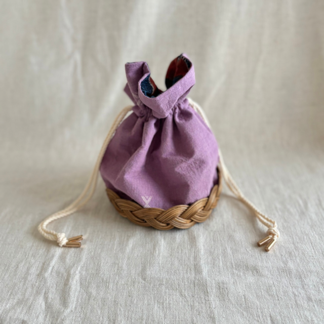 ラタンの巾着【カラコットン　パープル】/和装にもよく合う/小さなバッグ/無農薬で育てたコットン/手織り