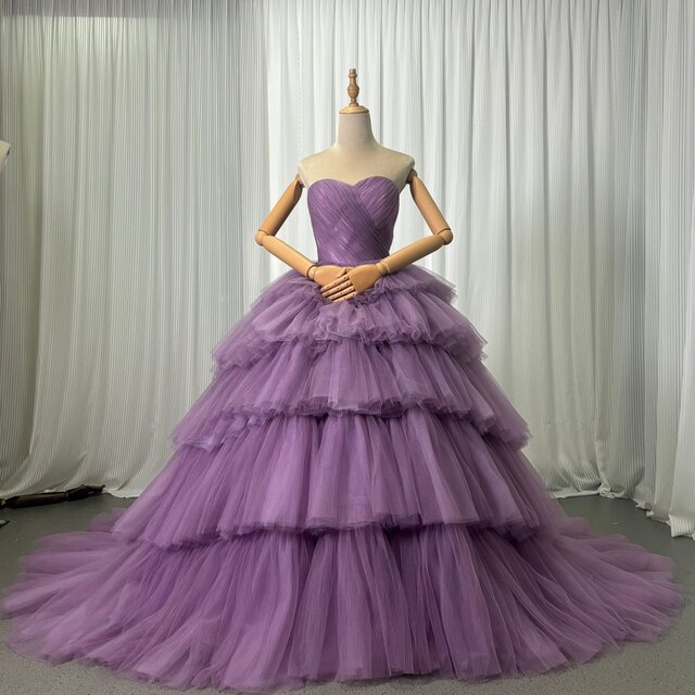 上品！クラシカル カラードレス パープル ベアトップ フリルドレス ボリュームドレス 披露宴
