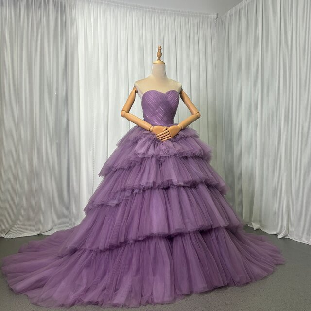 上品！クラシカル カラードレス パープル ベアトップ フリルドレス