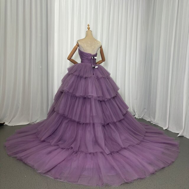 上品！クラシカル カラードレス パープル ベアトップ フリルドレス