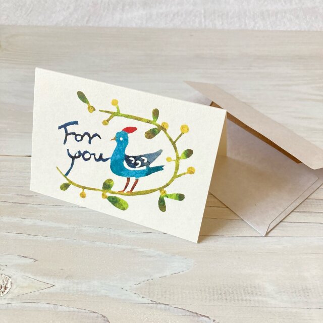 封筒付きミニカード「ヤドリギと小鳥」・型染め