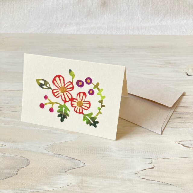 封筒付きミニカード「朱色の花束」・型染め