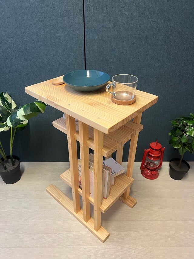 送料無料】 サイドテーブル 格子形 棚付 45cm 30cm 65cm パイン