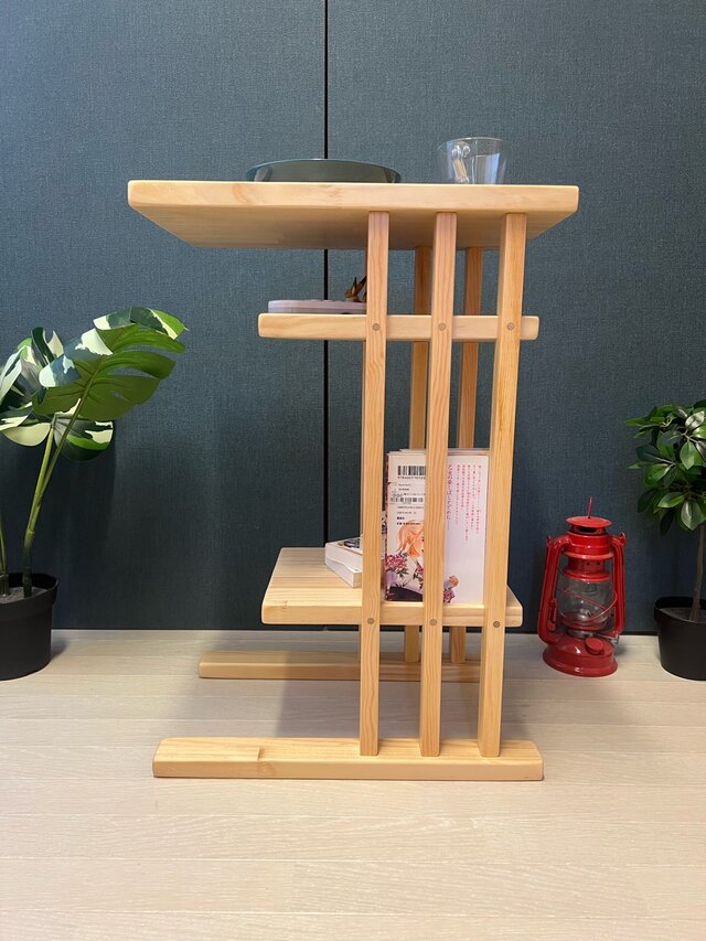 送料無料】 サイドテーブル 格子形 棚付 45cm 30cm 65cm パイン