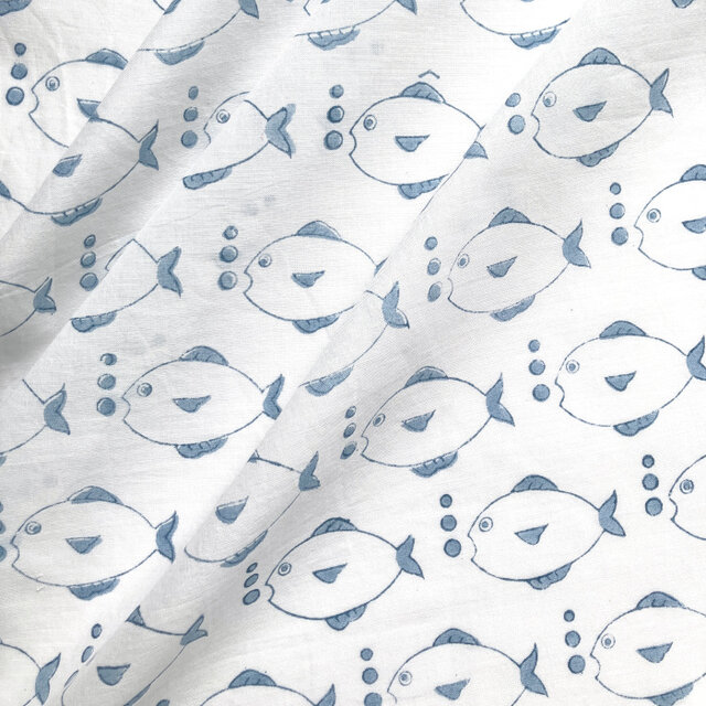 インド ブロックプリント生地 [50cm単位切売] Sanganeri お魚 ブルー フィッシュ さかな マリン IF0336