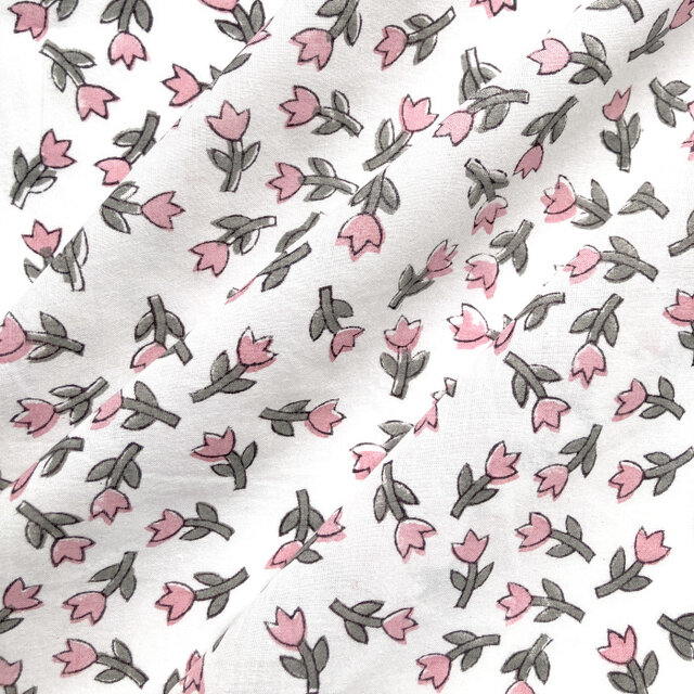 インド ブロックプリント生地 [50cm単位切り売り] Sanganeri チューリップ ミニ ピンク 花 IF0337