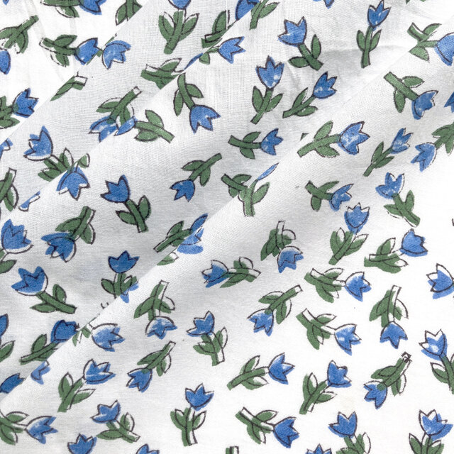 インド ブロックプリント生地 [50cm単位切り売り] Sanganeri チューリップ ミニ ブルー 花 IF0338