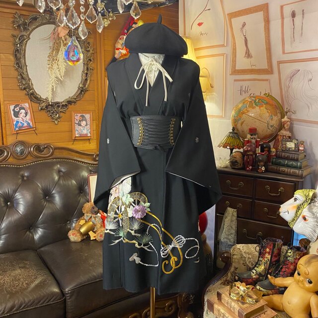 和洋折衷 黒留袖 着物 リメイク ミニミディワンピース ドレス