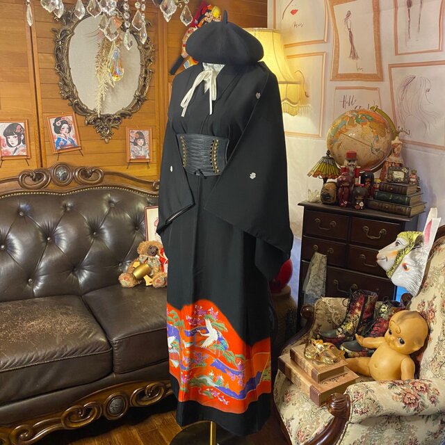 和洋折衷 黒留袖 着物 リメイク ロング ワンピース ドレス 緋色