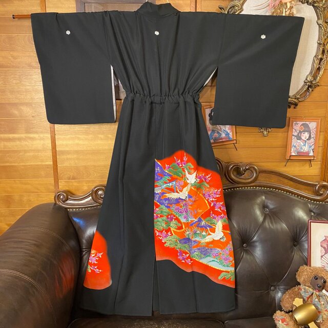 和洋折衷 黒留袖 着物 リメイク ロング ワンピース ドレス 緋色