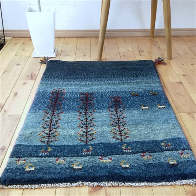 ペルシャギャッベ 玄関マット ブルー 絨毯 大特価40％OFF】ペルシャ ギャッベ 玄関マット 85×47cm ブルー