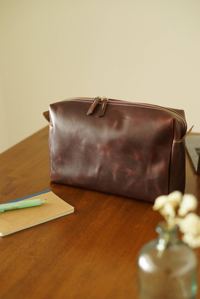 クロムエクセルレザー ポーチ ｜バーガンディ 本革 化粧ポーチ