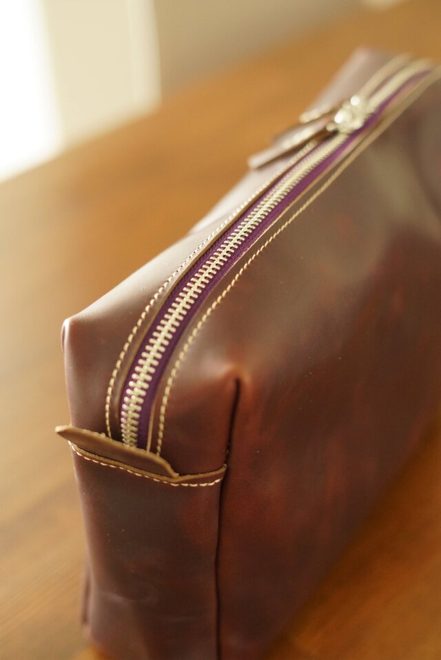 クロムエクセルレザーの大型ポーチ バーガンディ サイズカラーオーダー可能 クロムエクセルレザー ポーチ ｜バーガンディ 本革 化粧ポーチ