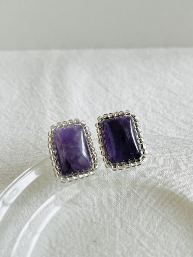 【天然石  アメジスト×silverビーズ】ピアス