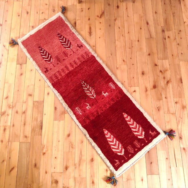 ペルシャ ギャッベ ランナー中 144×52㎝ 糸杉 桃色 茜色 ボルドー