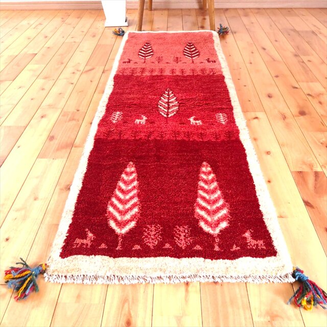 ペルシャ ギャッベ ランナー中 144×52㎝ 糸杉 桃色 茜色 ボルドー