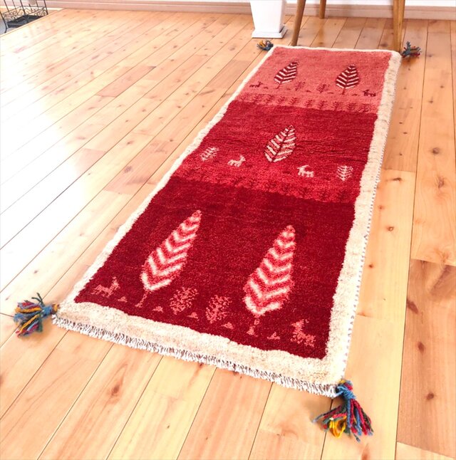 ペルシャ ギャッベ ランナー中 144×52㎝ 糸杉 桃色 茜色 ボルドー