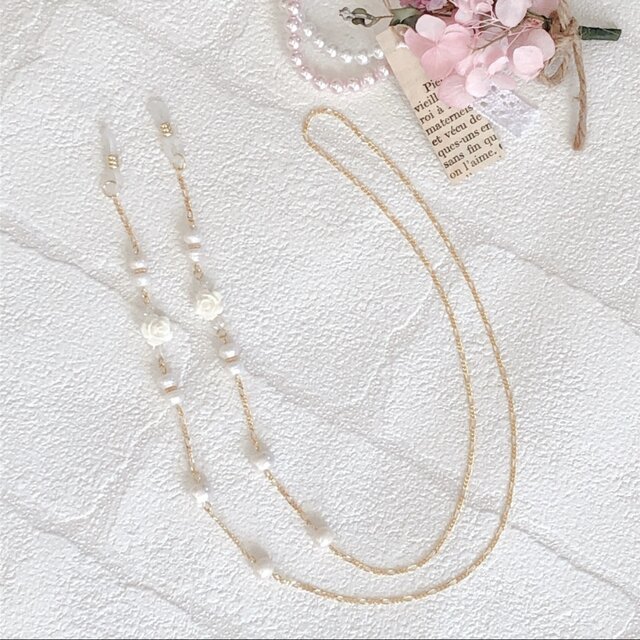 メガネチェーン》ホワイトローズ＆淡水パール メガネチェーン