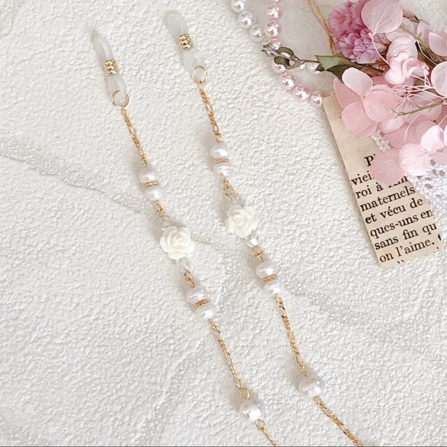 メガネチェーン》ホワイトローズ＆淡水パール メガネチェーン グラス