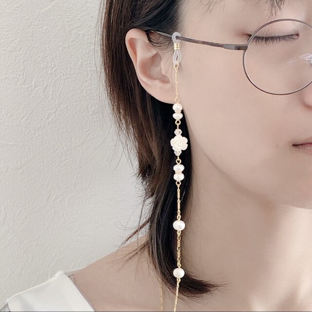 メガネチェーン》ホワイトローズ＆淡水パール メガネチェーン グラス