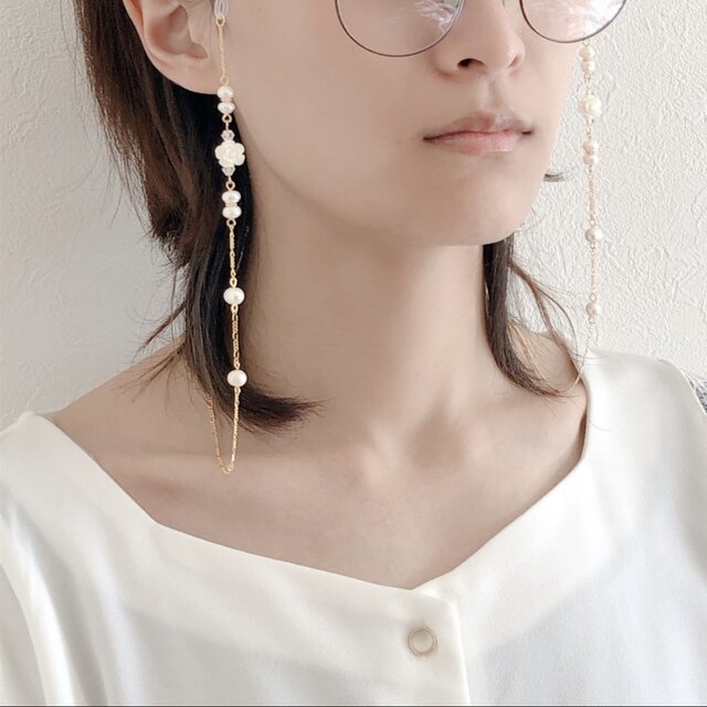 ♪541❤️ 花 ガラスストーン パール マスクチェーン メガネチェーン