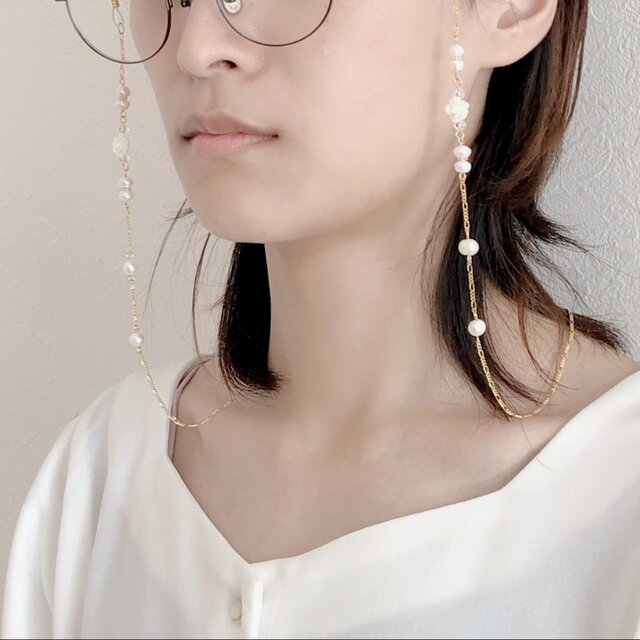 ♪594❤️ バラ　薔薇　フロスト　淡水パール　マスクチェーン　メガネチェーン ♪594❤️ バラ薔薇フロスト淡水パールマスクチェーンメガネチェーン