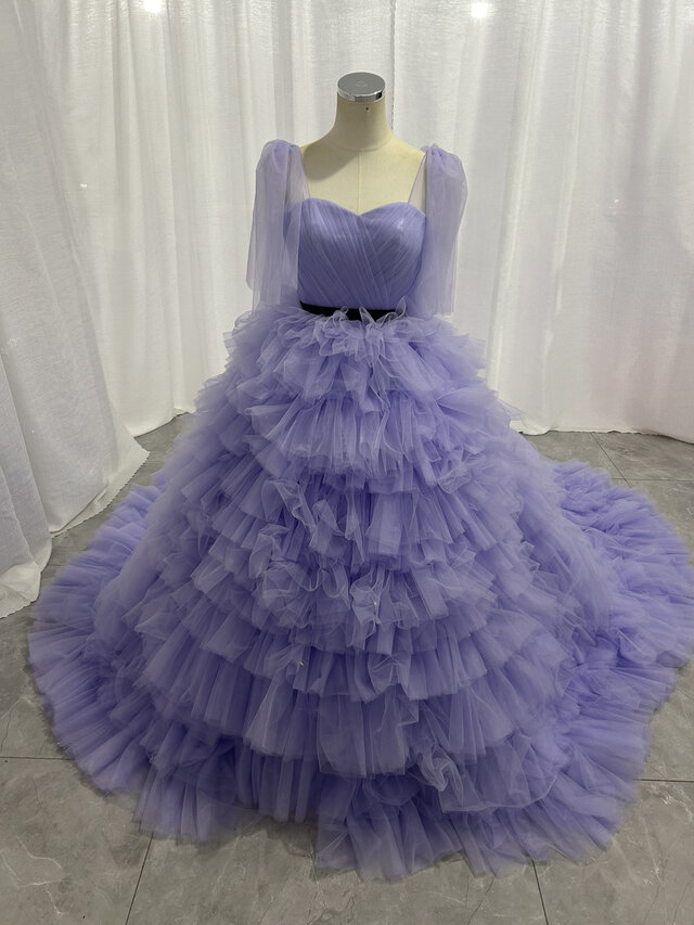 カラードレス パープル キャミソール サッシュベルト もこもこドレス プリンセスライン エアリー感 花嫁 前撮り