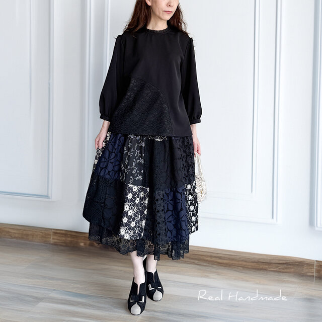 予約販売] ブラックジョーゼット×レース・アシンメトリーブラウス