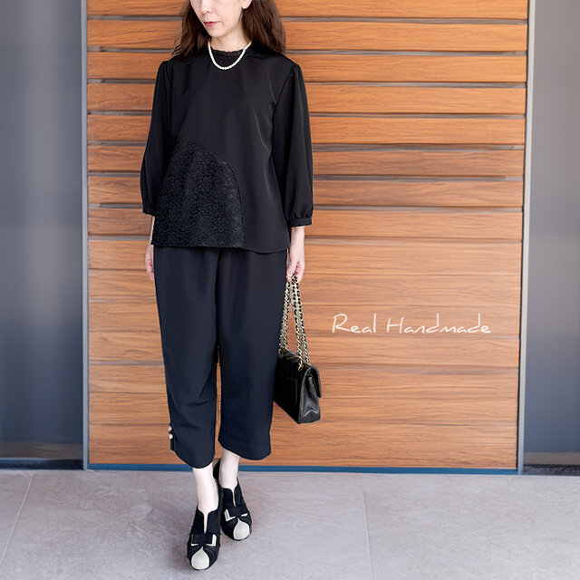 予約販売] ブラックジョーゼット・スリット＆パールボタンパンツ
